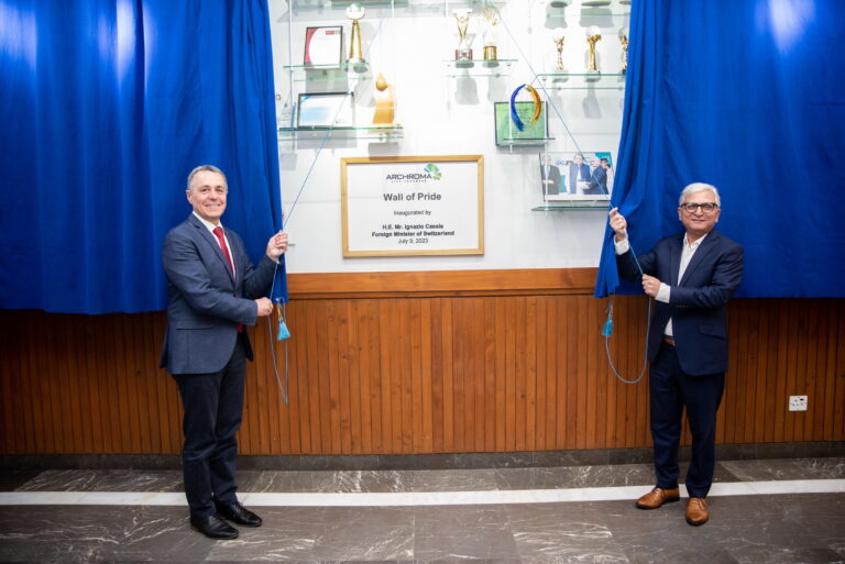 Foreign Minister of Switzerland H.E. Mr. Ignazio Cassis and CEO, Archroma Pakistan Mr. Mujtaba Rahim inaugurating "Archroma Wall of Pride".
